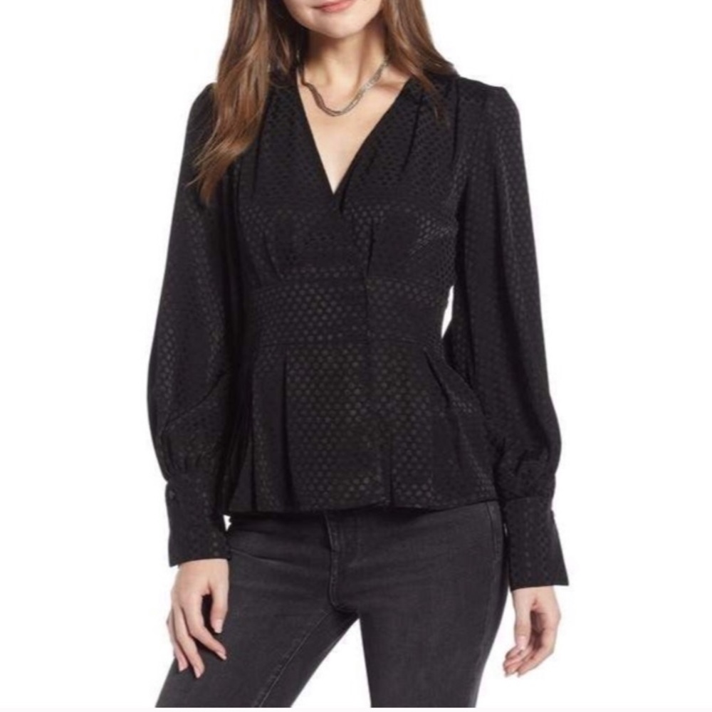 Pretty Something Navy  Black Polka Dot Peplum Blouse